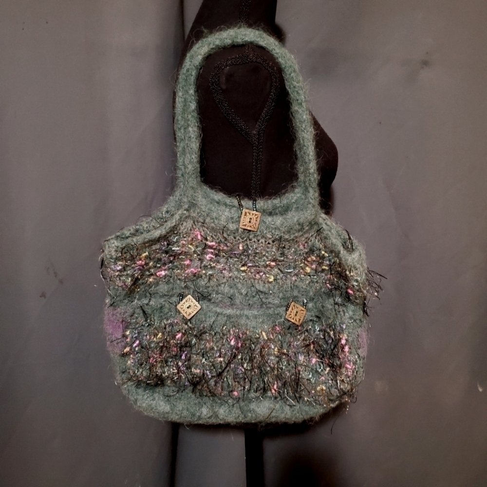 One of a Kind Unique Boiled Wool Blend Felted Fringe Teal Beaded Purse
